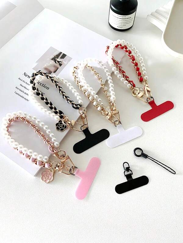 1pc Faux Pearl Double Chain Charm Bead Mobile Phone Lanyard Wristlet With Clips, Women Gift