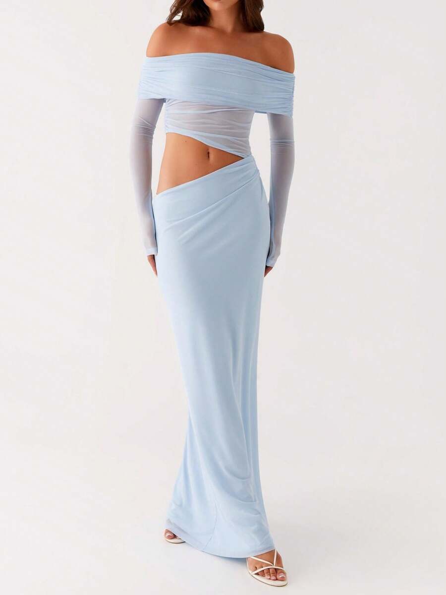 Women's Summer Hollow One Shoulder Sexy Long Dress - Blue - View 1