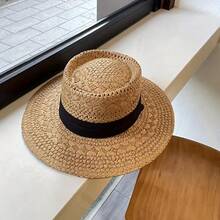 1pc Women's Vintage Flat Straw Hat - Wide Brim, Breathable Elastic Fit, Natural Beige & Black For Beach Vacation Travel Summer Outdoors - Perfect Gift, Two-Color Design - 彩色 - 查看 6