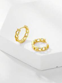 HuooNew 一对简约925纯银耳环，小巧精致，圆形链条设计，18K镀金，适合日常佩戴，银饰，女士礼物