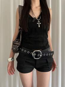 1pc Women's Black Faux Leather Letter Buckle Hollow Design Waist Belt - Commuting & Music Festival Fall, Autumn, Halloween