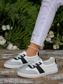 秋冬 1 双黑白加大码户外休闲运动鞋，女式几何图案系带舒适滑板鞋，百搭圆头休闲鞋，四季皆宜，女式运动鞋 - 黑與白 - 查看 2