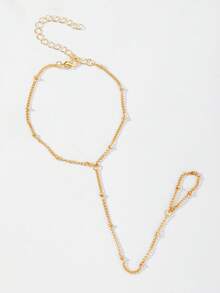 1pc Stainless Steel Minimalist Hand Chain, Finger Chain Design, Basic Daily Accessory, Summer Gift For Friends (Random Bead Quantity) - Gold - View 2