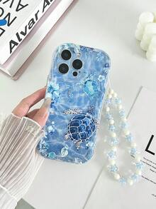 海龟与海洋全息奶油纹理波浪边透明手链支架科技彩绘穿孔极简防摔加厚手机保护壳，兼容 16/16 Pro Max、 15 XR/7/8、 15 Pro Max、12 Pro Max、13 Pro Max、14 Pro Max、13、14、11、12、14、P11 软壳、P12 防摔、XS、XR、7/8 P、7/8 GES2、红米手机