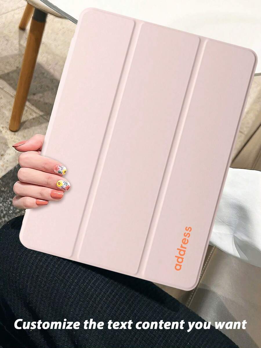 1pc Pink Silicone Tablet Case, Customizable Text, Compatible With Ipad Mini4/Mini5/Mini6/Air/Air2/9.7/10.2/10.5/Air4/Air5/10.9/Pro 11-Inch/10th Gen/IPad Air 11-Inch (M2)-2024, Galaxy Tab A8 10.5 Inch 2022, Clear Print Image, TPU Soft Edge Protection, No Pen Slot, Tri-Fold Stand, Magnetic Sleep/Wake, Simple Personalized Creative Brand, IPad Tri-Fold Tablet Case. Product Does Not Include Pen. Note: The Final Font Style Is Subject To The Effect Diagram.