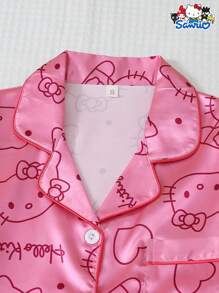 Sanrio 2件套女士春夏粉色缎面三丽鸥Hello Kitty翻领长袖纽扣口袋上衣和蝴蝶结长裤睡衣套装，适合居家穿着，秋冬皆宜 - 粉色 - 查看 3