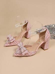 2025春夏新款尖头高跟鞋，蝴蝶结透明仙女带法式凉鞋，镶钻，优雅，女士高跟鞋，优雅，派对装扮，婚礼装扮 - 粉色 - 查看 10