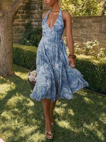 女式性感露背度假风全印花挂脖连衣裙，夏季 - 藍色 - 查看 1