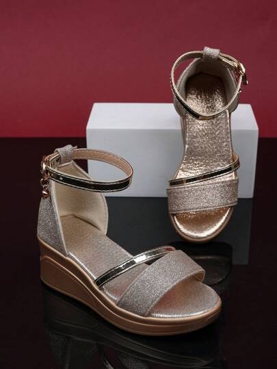 1 Pair Girls' Gold High Heel Sandals, Shiny & Soft PU Fabric, Back Strap Metal Buckle Design, Round Toe, Lightweight & Flexible Thick-Sole, Fashion Princess Style, Suitable For Daily Occasions & Parties