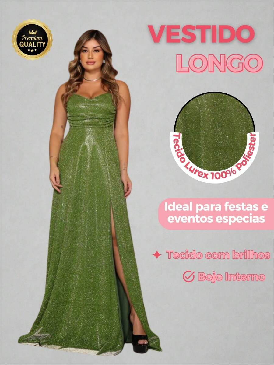 Long Green Glitter Slit Dress – Perfect For Parties, New Year's Eve And Graduations - 綠色 - 查看 1