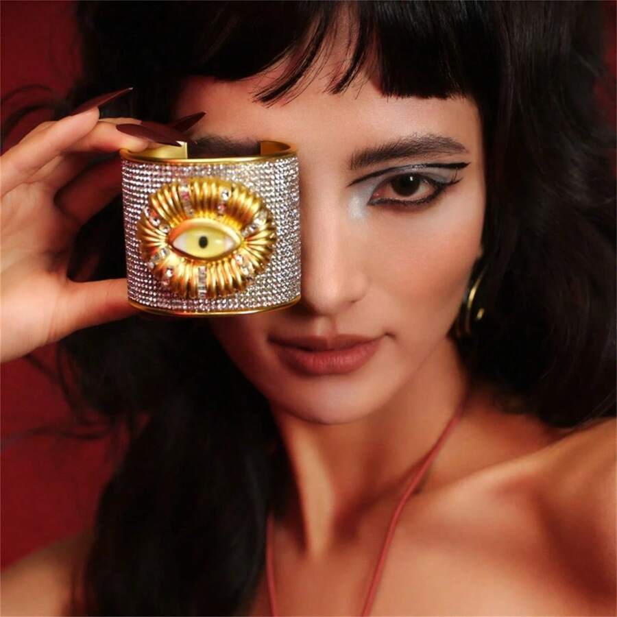 1 件夸张金属水钻邪眼袖口手镯，宽哥特式巴洛克风格眼形手镯，闪亮复古配饰