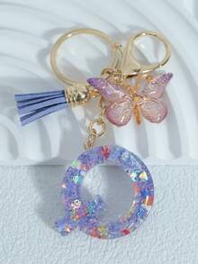 Sparkling Purple Mixed Snowflake Sequins, 26 Capital English Letters, Paired With Golden Patterned Butterflies And Purple Leather Tassels, 18kc Gold Lobster Buckle Flat Ring Chain Three Pieces Keychain Set, Suitable For Luggage Hanging Accessories, Car Hanging Accessories, Key Hanging Accessories, Mobile Phone Hanging Accessories, Clothing Hanging Accessories, As A Birthday Gift For Friends, Couples, And Mothers, Suitable For Both Men And Women - Purple - View 14