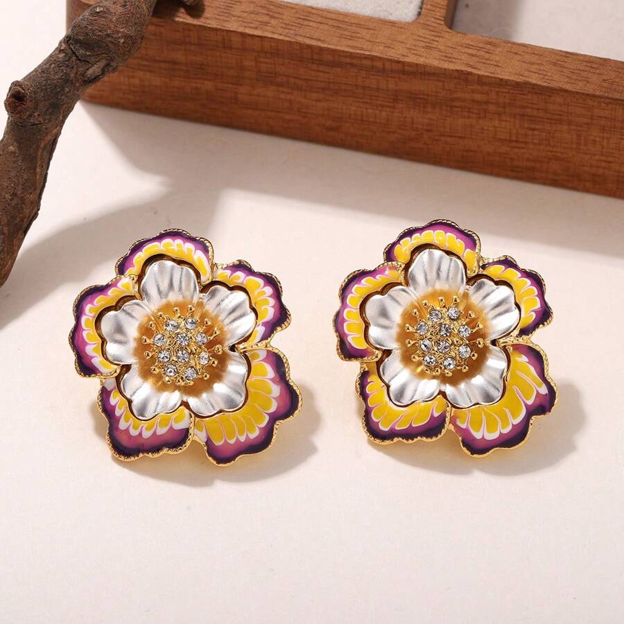 1 pereche cercei decorativi versatili pentru cadou de sărbători, cu model floral colorat, multistrat, minimalist, din metal, cu model floral