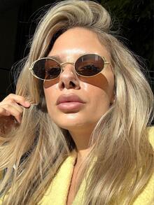 1 件小号椭圆形金属时尚眼镜，复古金属男女通用时尚眼镜，适合夏季假日海滩、日常装扮、街头风格配饰椭圆形墨镜 - 茶色 - 查看 3