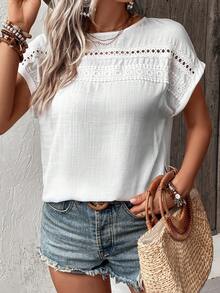 夏季亚麻感落肩短袖镂空蕾丝拼布休闲宽松女衬衫