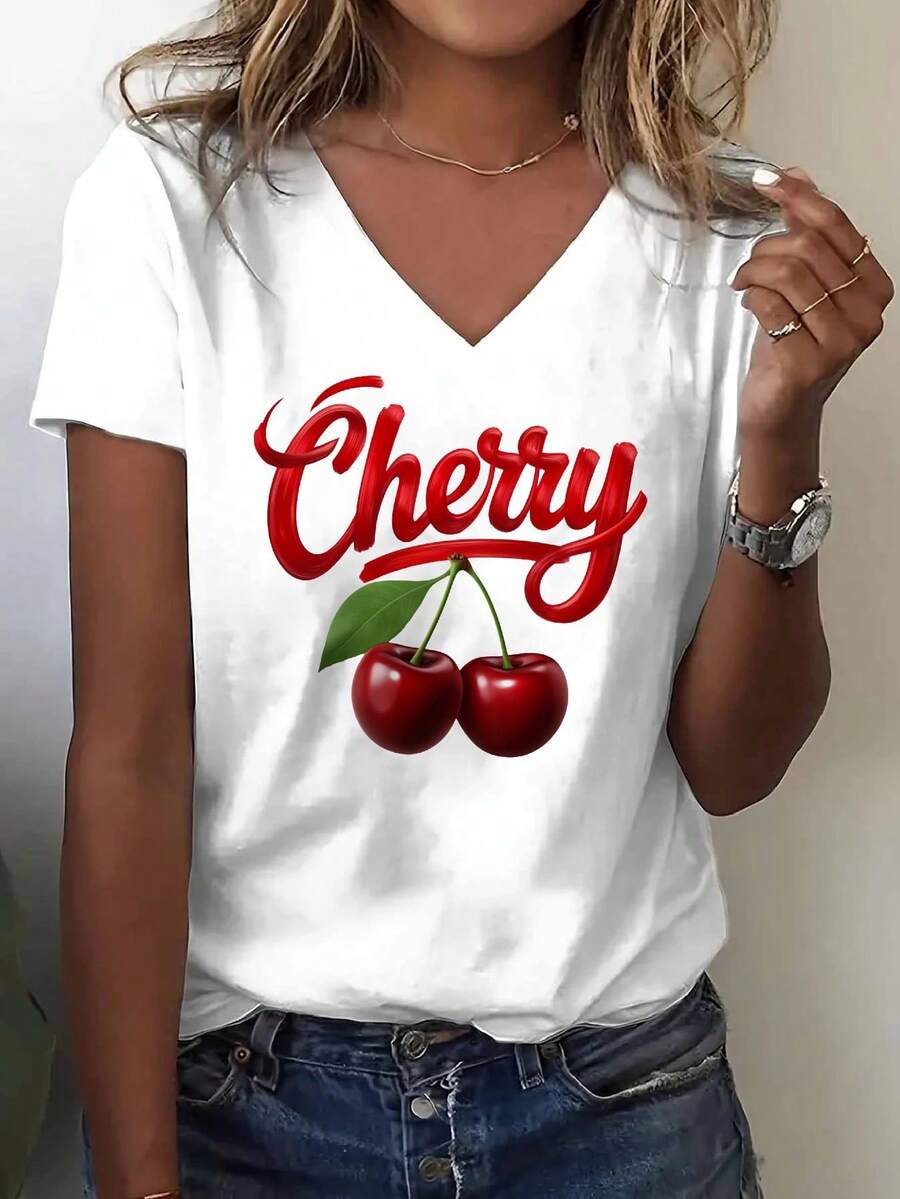 Women's White V-Neck T-Shirt - Casual Everyday Top With Red Cherry Print, Soft Everyday Tee For Women, Machine Washable Gift Idea For Friends & Family, Leisure Outfit, Simple Design, Breathable Fabric, Short Sleeve Shirt, Adults - 白色 - 查看 1
