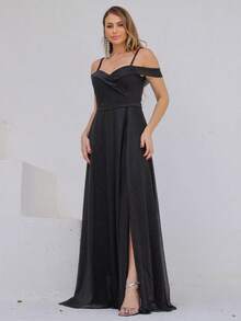 Long Off-The-Shoulder Party Dress With Sparkle For Bridesmaid, Wedding, Princess Graduation - 黑色 - 查看 1