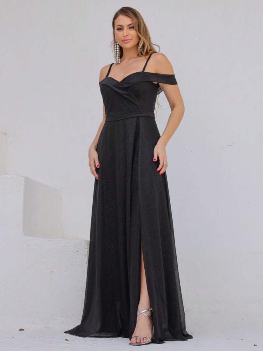 Long Off-The-Shoulder Party Dress With Sparkle For Bridesmaid, Wedding, Princess Graduation - 黑色 - 查看 1