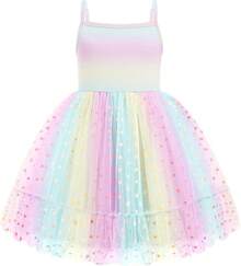 2025Toddler Girls Tulle Dress Rainbow Tutu Birthday Princess Dresses Formal Photo Shoot Outfit Summer Clothes 2-6T'Sprout Style' - 彩虹圓點薄紗 - 查看 1