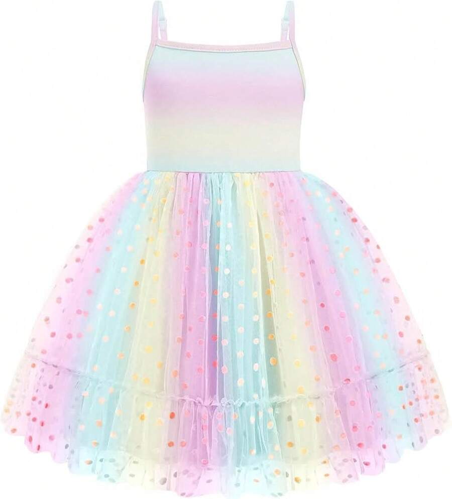 2025Toddler Girls Tulle Dress Rainbow Tutu Birthday Princess Dresses Formal Photo Shoot Outfit Summer Clothes 2-6T'Sprout Style' - 彩虹圓點薄紗 - 查看 1