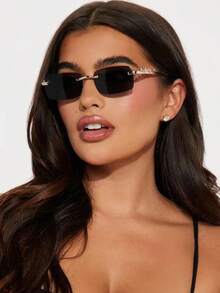 Retro Rectangular Frameless Sunglasses For Men And Women, Frameless Colored Lens Glasses - 黑色 - 查看 2