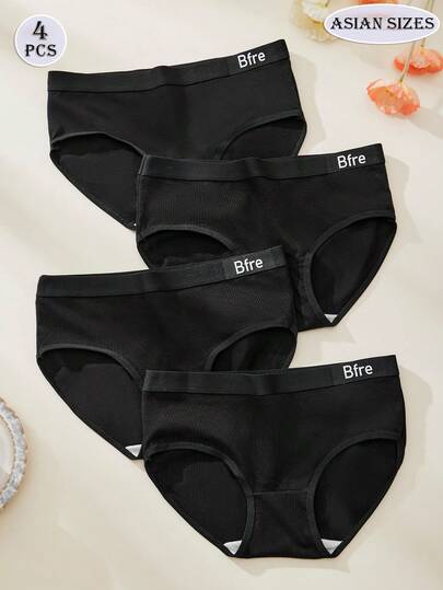 4 Pcs[Exclusive Special Offer]Women's Solid Color Panties, Cute, Sweet, Fresh Letter Design, Daily Wear, Elastic Waistband, Comfortable And Soft Black Briefs, Sexy Women's Underwear
