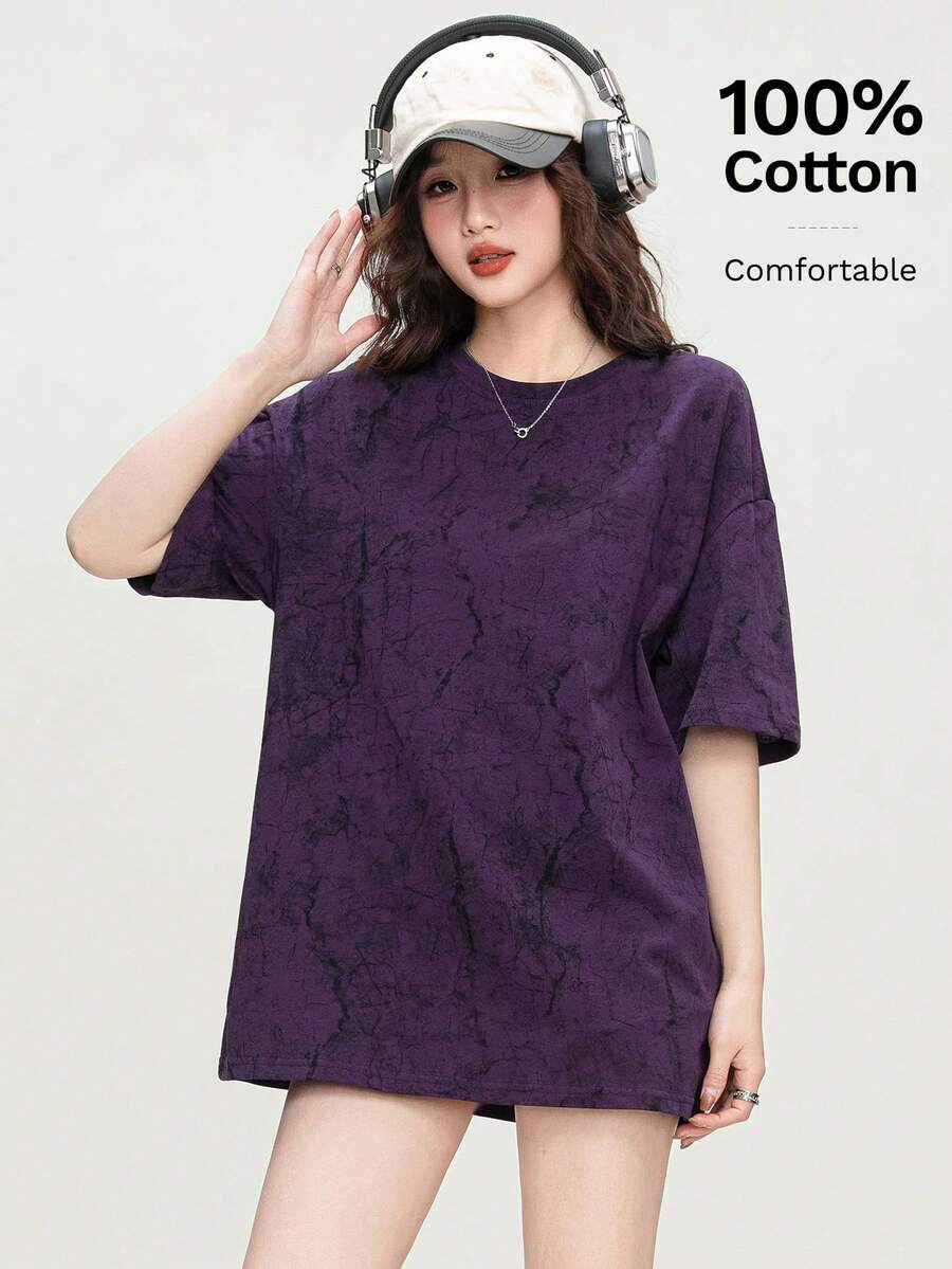 Áo thun cotton cổ tròn dáng rộng JUTU, màu tím nho, kiểu Mỹ, thiết kế thường ngày, chất liệu cao cấp, áo thun nữ mùa xuân/hè. - 0A41 Nho tím - Xem 1