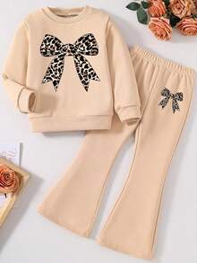 Tween Girl Leopard Print Bow Pattern Print Round Neck Sweatshirt And Flared Pants Set - Khaki - View 1