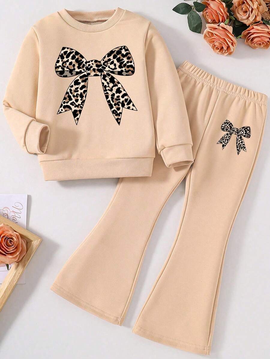 Tween Girl Leopard Print Bow Pattern Print Round Neck Sweatshirt And Flared Pants Set - Khaki - View 1