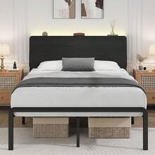Twin/ Full/ Queen Bed Frame With LED Lights, Metal Bed Frame With Wooden Headboard & Storage Shelf, Under Bed Storage, No Box Spring Required, Easy Assemble, Black/ Black & Grey/ White & Brown - 黑色 - 查看 12