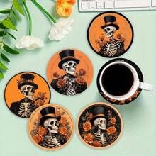 1 Set /4 Pieces /6 Pieces: Halloween Skull Pattern Diatom Mud Coasters, Floral Coffee Coasters, Multi-Occasion Decorations For Home And Restaurant, Daily Gifts, Table Decorations, Daily Decorations, Theme Party Decorations - Multicolor - View 2