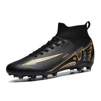 1 Pair Sports Style Anti-Slip Durable High-Top Football/Soccer Shoes, AG Studs Design, PU Leather Upper, Colorful, Rubber Outsole, Professional Match Shoes Suitable For Muddy, Short Grass Fields