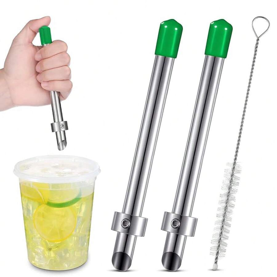 FUCHENGJSLasnten 2 Pack Straw Puncher Plastic Lids Lemonade Cups, Stainless Steel Straw Hole Puncher Punching Tools Cafe Drinks Container Squeezed Lemonade Stand Supplies(8.Inch,Black) - Green - View 1