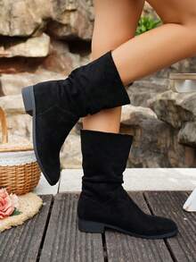 Women's Vintage Knight Mid-Calf Boots, Thick Heel, Versatile Western Folding Boots For Spring/Autumn - Black - View 3