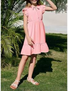 Girls Dresses Ruffle Trim Sleeveless V Neck Casual A-Line Flowy Dress With Pockets - 粉色 - 查看 4