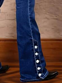 Women's Large-Sized Solid Blue Flap-Front Bag Opening Pleated Cuffed Trouser Jeans, Denim Pants, Women's High-Waisted Retro Mature Fashionable Denim Pants, Stretchable Large-Sized Denim Pants - 中藍色 - 查看 5