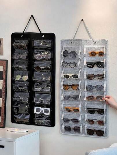 1pc 16-Slot Sunglasses Storage Hanging Bag, Wall-Mounted Eyeglass Organizer, Foldable, Easy Installation, Made Of Felt And PVC, Space-Saving Wardrobe, Minimalist Design, Durable Eyewear Storage Holder For Various Glasses