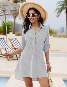 Women's Swimsuit Cover - Ups White Chiffon Bikini Swimwear Beach Dress Outfits Summer 6HQS - 條紋灰白 - 查看 3