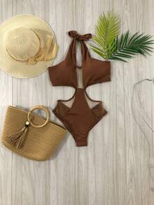 Halter Neck Swimsuit With Tulle Beach Tropical Sun Casual Mesh Fabric Backless / Backless WOMEN'S SWIMSUIT WITH PADS SWIMSUIT SWIMSUIT WOMEN'S SWIMSUIT BEACHFASHION Holidays Home Beach Birthday Party Holiday Night Travel Bachelorette Party Daily Sports And Fitness - 鏽棕色 - 查看 3
