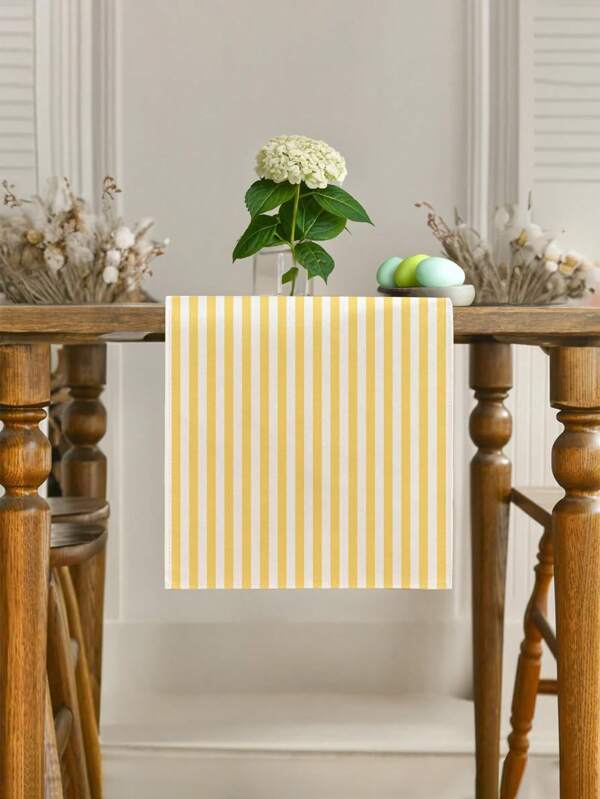 1pc Vibrant Yellow And White Striped Table Runner, Textured Rectangular Tablecloth, Suitable For Dining Table, Coffee Table, Home Decor - Durable Kitchen And Dining Room Decoration, Table Decoration