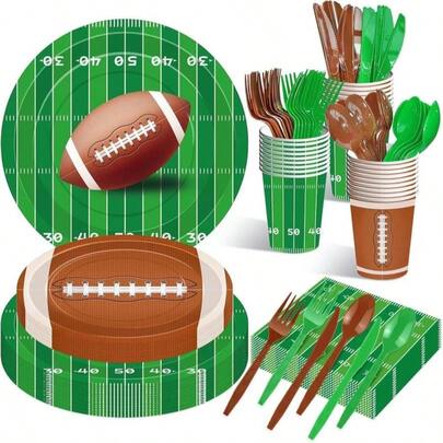 Jremreo 175 Pcs Football Tableware Set - Serves 25, Football Themed Disposable Plates, Cups, Napkins, Forks, Spoons, Knives For Game Events Birthday Party Supplies, Sports Holiday Gathering