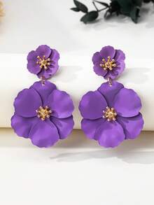 1 Cặp bông tai thời trang mới sơn kim loại hoa tối giản thanh lịch dành cho nữ, bông tai dạng lủng lẳng hoa lãng mạn, bông tai hoa sáng tạo dành cho nữ - Màu tím - Xem 2