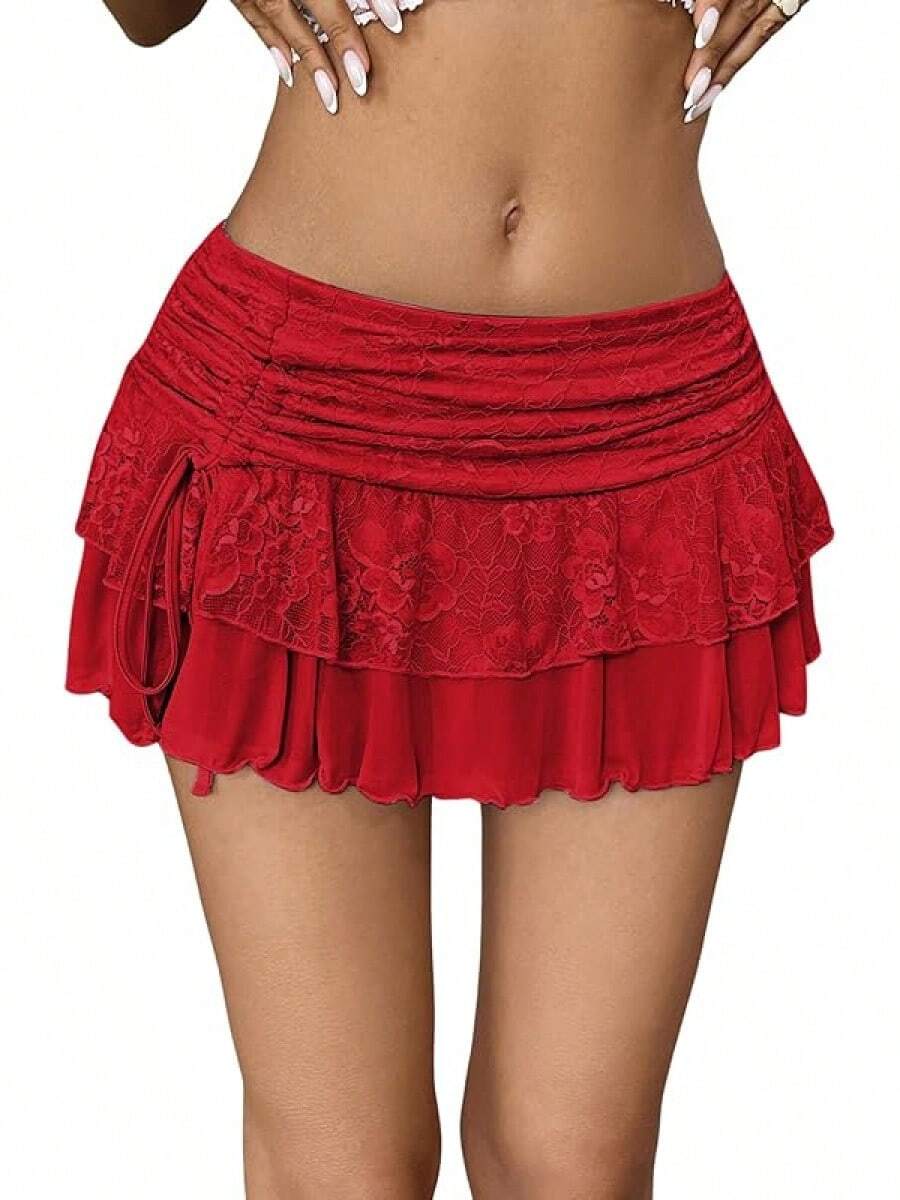 Women's Y2k Lace Ruffle Mini Skirt Mesh High Waist Layered Skirt Skort Boho Outfits Micro Shorts - Solid Red - 查看 1