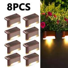4/8/16 件太阳能 LED 楼梯灯，暖琥珀色灯，花园户外路径灯，升级版明亮 LED 灯泡，ABS 防水外壳，使用双面胶带轻松安装，适用于万圣节、圣诞节、感恩节、房间、家庭、户外、墙壁、庭院装饰、楼梯、小路、花园、阳台、楼梯、栅栏、露台、车道、人行道