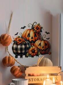 1pc Halloween Novelty Wall Decal, Creepy Pumpkin & Dark Rose Floral Vine Background Wallpaper Sticker, Self-Adhesive Decor For Bedroom, Living Room, Corridor, Entryway, Kitchen, Bathroom, Festive Home Decor Halloween Decor Fall Decor Room Decor Autumn Decor