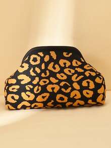 Leopard Print Clutch Bag, Contrast Color Knitted Wristlet, Spacious And Stylish Handbag