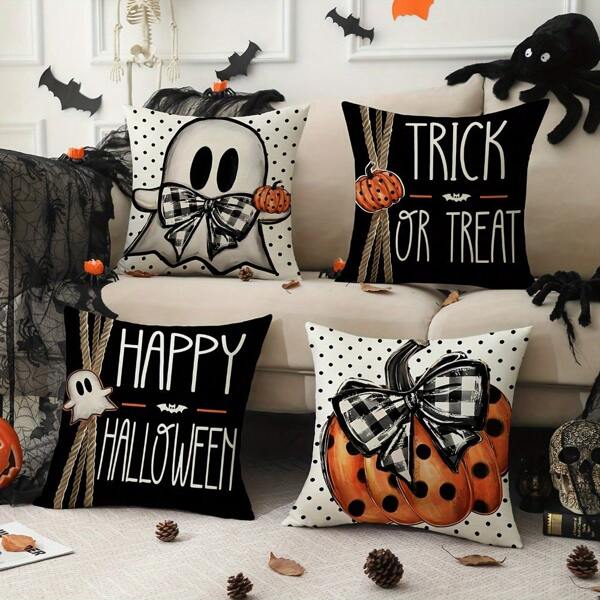 4pcs Halloween Decoration Pillow Covers, Bow, Polka Dot, Ghost, Pumpkin Throw Pillow Covers, Suitable For Living Room, Bedroom, Sofa Decor (Without Pillow Inserts)