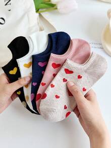 5 Pairs Women's Sweet Heart Pattern Simple Boat Socks Invisible Socks Suitable For Spring&Summer - Multicolor - View 1
