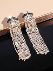 1 Pair High-End Multi-Layer Crystal Rhinestone Long Tassel Earrings, Fashionable Rhinestone Stud Earrings, Party Dress, Daily Versatile, Wedding Dress Earrings - Crystal Rhinestone Tassel Earrings - View 4