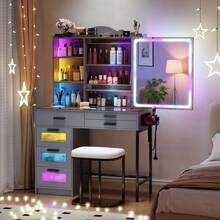 HNEBC Vanity Desk, Makeup Vanity With Lights And Sliding Vanity Mirror, Makeup Desk With Charging Station, Vanities Dressing Table With Stool,Vanity Set With Large Drawers&Shelves For Bedroom - 灰色 - 查看 3